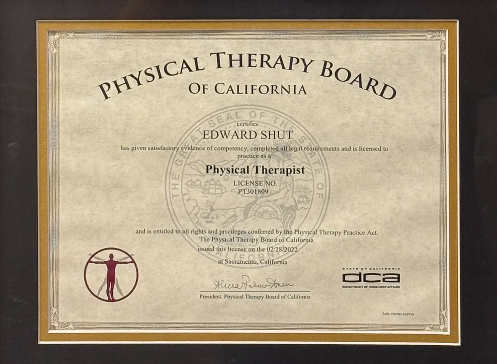 Dr. Shut's Physical Therapy Board of California license, number 301809