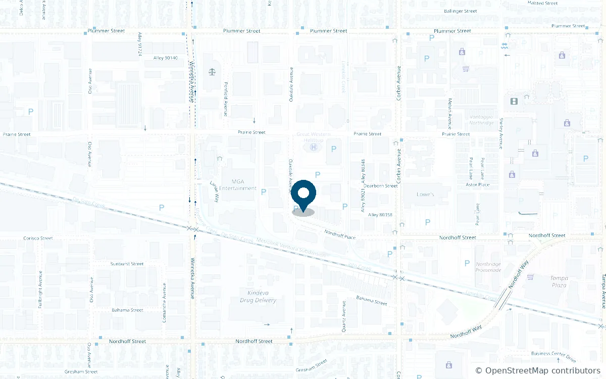 Map showing Chatsworth Physical Therapy at 19851 Nordhoff Place, between Winnetka Avenue and Corbin Avenue, north of Nordhoff Street